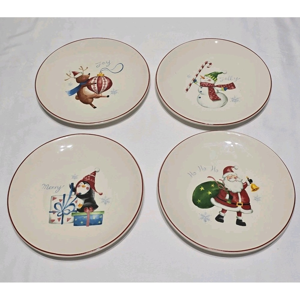 Pier 1 Christmas Appetizer Plates Set 4 Cream Santa Reindeer Snowman 6.25in